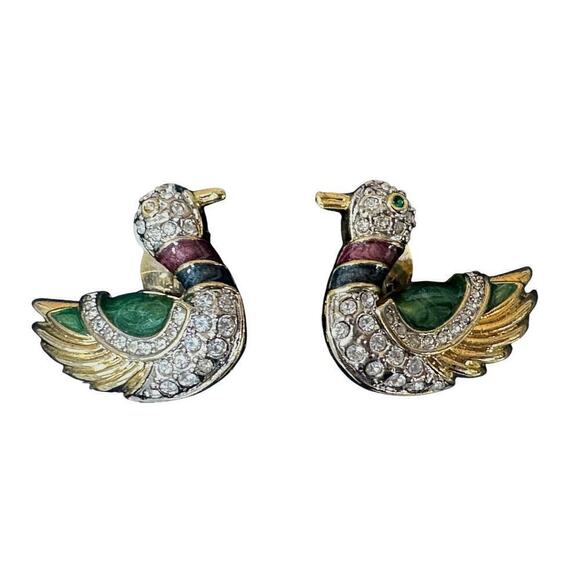 Vtg Earrings Mallard Duck Bird Jadeite Rhinestones Clip Back  1 3/8" - Picture 1 of 5